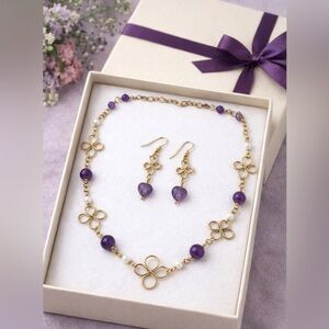 Handmade, Amethyst and Brass  Necklace and Earring Set.